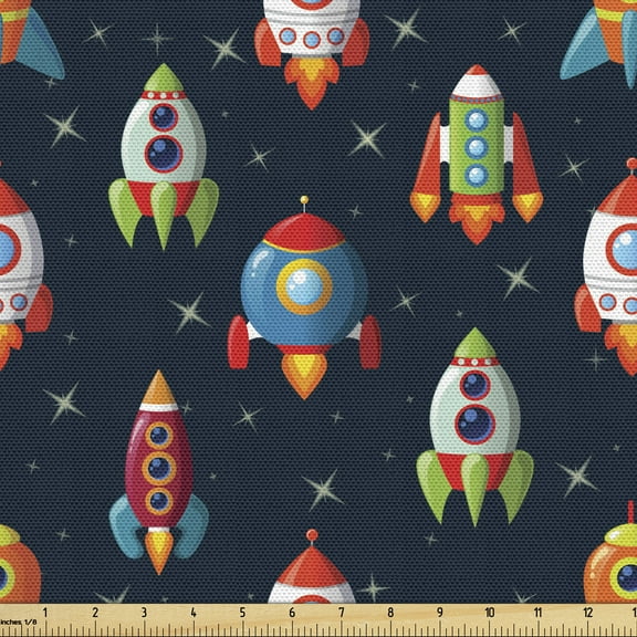 Ambesonne Spaceship Fabric by the Yard Upholstery, Cartoon Style Space, 1 Yard, Multicolor