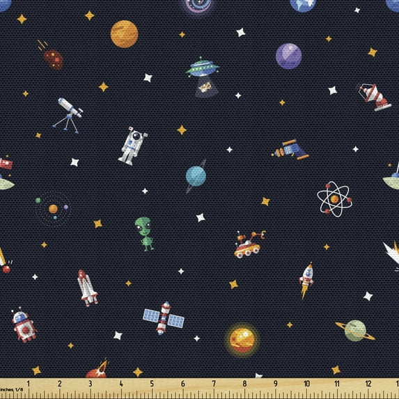 Ambesonne Spaceship Fabric by the Yard Upholstery, Stars Aliens Planets, 2 Yards, Multicolor