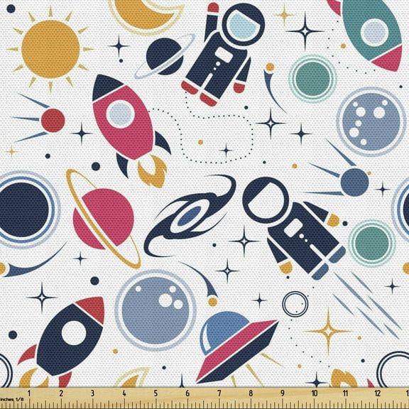 Ambesonne Spaceship Fabric by the Yard Upholstery, Space Silhouettes, 5 Yards, Multicolor