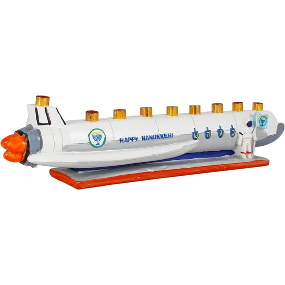 Spaceship Kids Menorah Hand Painted Polyresin - Sculptured Space shuttle Candle Minorah for Children fits standard Hanukkah Candles - Experience Chanukah in Outer Space Kid Menorahs By Zion Judaica