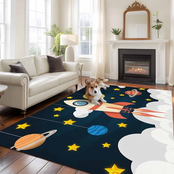 Spaceship Large Area Rugs 6x9 ft Cartoon Space Stars Cute Rocket Pattern Washable Rug Non Slip Indoor Carpet Absorbent Floor Mat for Living Room Bedroom Dining Room