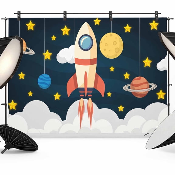 Spaceship Photography Backdrop 12x8FT, Cartoon Space Stars Cute Rocket Pattern Photo Backdrops, Background for Photography Studio Photo Studio Background, Back Drop for Photoshoot
