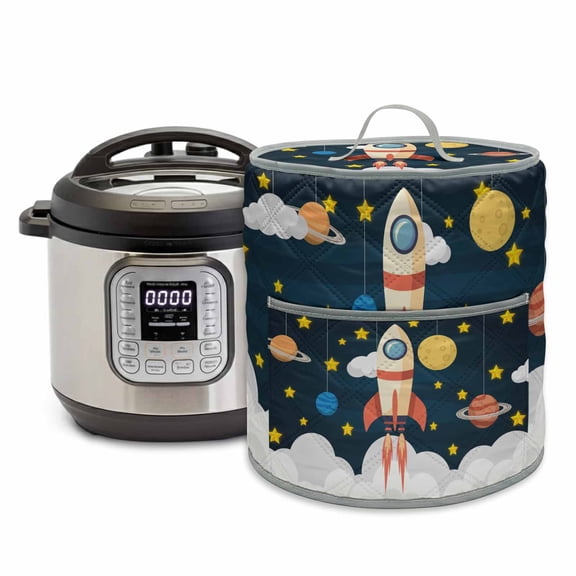 Spaceship Rice Cooker Cover 6 Quart Cartoon Space Stars Cute Rocket Pattern Pressure Cooker Cover Appliance Protector Dust Case with Pocket and Handle for Kitchen