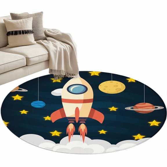Spaceship Round Area Rug 4ft Cartoon Space Stars Cute Rocket Pattern Non-Slip Washable Circle Rugs Soft Felt Indoor Floor Mat for Bedroom Kitchen Living Room Bathroom