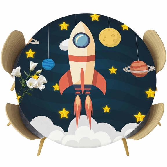 Spaceship Round Fitted Tablecloth with Elastic Edge, Cartoon Space Stars Cute Rocket Pattern Stretch Table Covers for 36"-44" Tables Wipeable Table Cloth for Outdoor