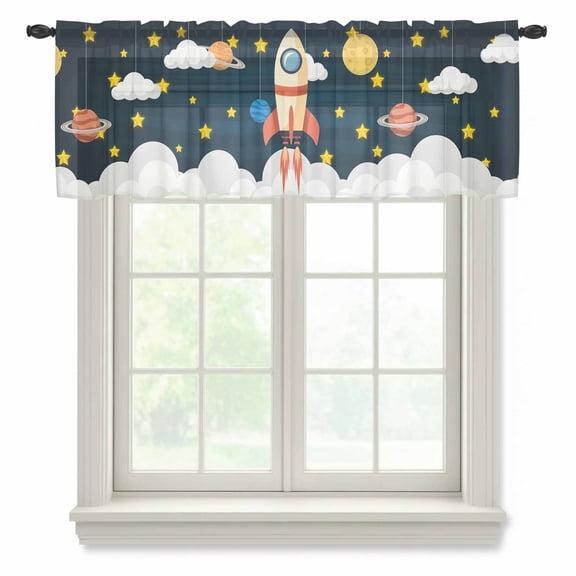 Spaceship Semi Sheer Valance Curtains Cartoon Space Stars Cute Rocket Pattern Voile Valances Curtain Rod Pocket Small Window Treatment for Kitchen Bathroom Cafe 42"x12"