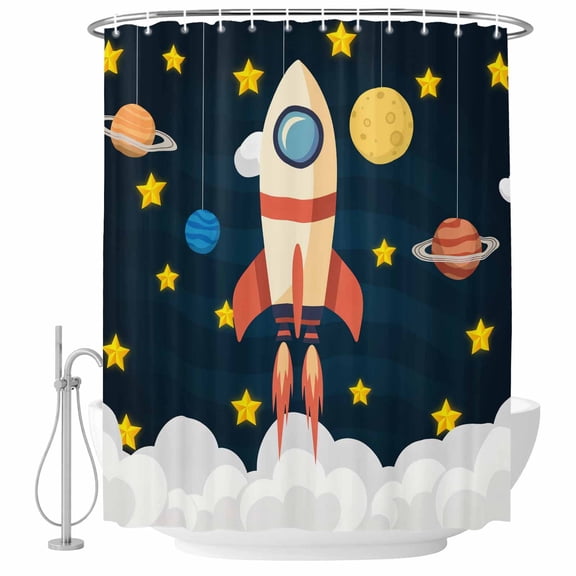 Spaceship Shower Curtain for Bathroom, Cartoon Space Stars Cute Rocket Pattern Waterproof Cloth Fabric Bathroom Accessories Set with 9 Rust Proof Plastic Hooks, 36"x72"