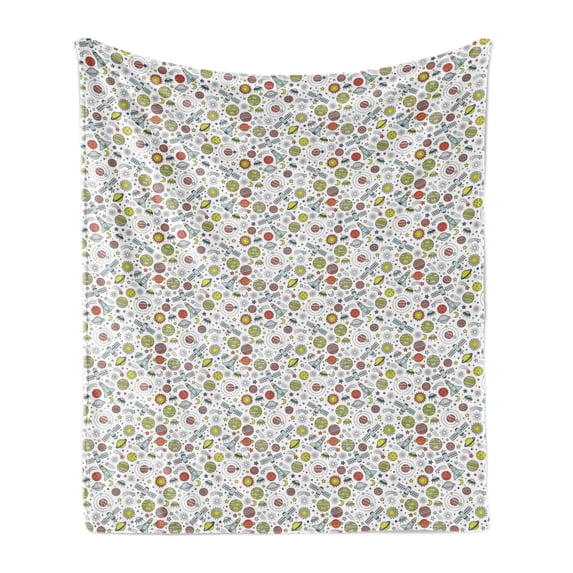 Spaceship Soft Flannel Fleece Blanket, Colorful Design of Cosmos with Orbiting Moons Doodle Style Rockets and Satellites, Cozy Plush for Indoor and Outdoor Use, 70" x 90", Multicolor, by Ambesonne