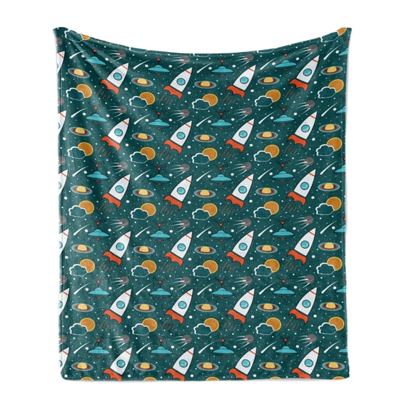 Spaceship Soft Flannel Fleece Blanket, Outer Space Cartoon with Dotted Backdrop Futuristic Themes Saturn Sun and Nebula, Cozy Plush for Indoor and Outdoor Use, 60" x 80", Multicolor, by Ambesonne
