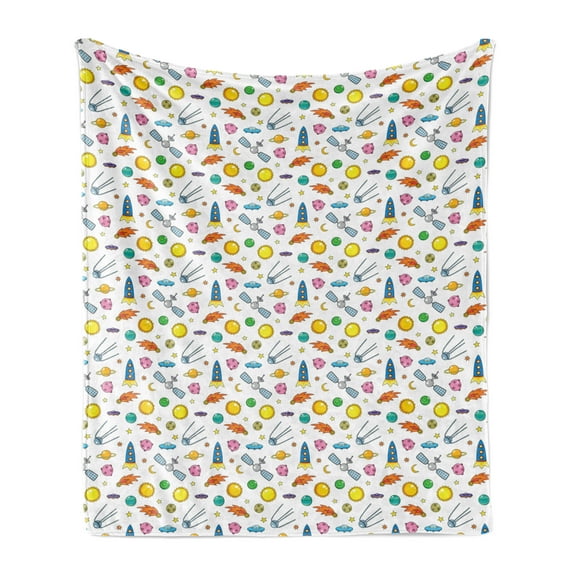Spaceship Soft Flannel Fleece Throw Blanket, Assortment of Space Related Concepts Shooting Star UFO Sun Moond Stars, Cozy Plush for Indoor and Outdoor Use, 50" x 70", Multicolor, by Ambesonne
