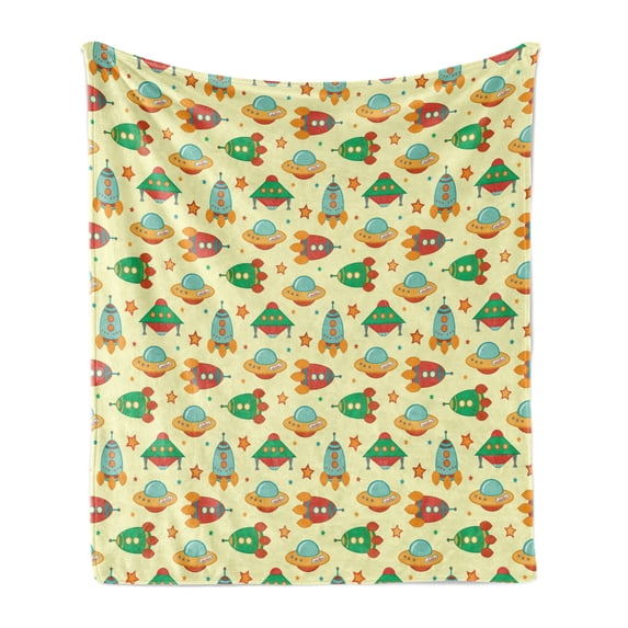 Spaceship Soft Flannel Fleece Throw Blanket, Children's Cartoon Space with Rockets Flying Through the Vast Universe, Cozy Plush for Indoor and Outdoor Use, 50" x 60", Multicolor, by Ambesonne