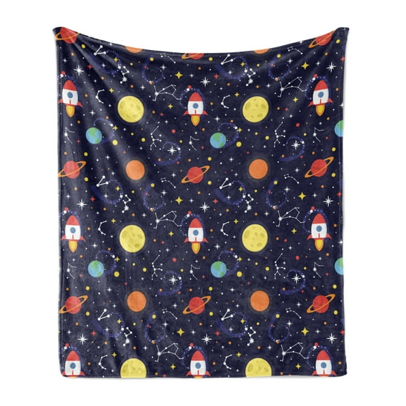 Spaceship Soft Flannel Fleece Throw Blanket, Cosmic Themed Pattern of Flying Spacecraft in Outer Space Stars Planets, Cozy Plush for Indoor and Outdoor Use, 50" x 60", Indigo Multicolor, by Ambesonne