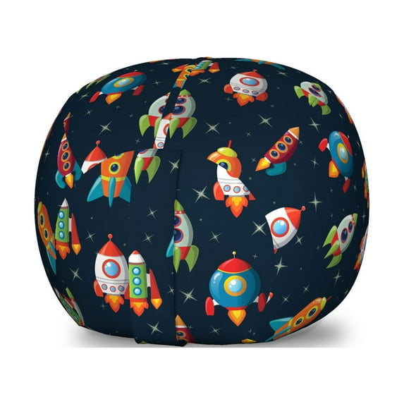 Spaceship Storage Toy Bag Chair, Cartoon Style Space Crafts Flying Through Cosmos Stared Background Astronauts, Stuffed Animal Organizer Washable Bag, Large Size, Multicolor, by Ambesonne