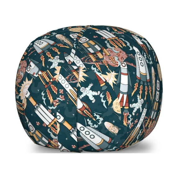 Spaceship Storage Toy Bag Chair, Hand Drawn Space Exploration Themed Cartoon Drawing Style Image Alien Planets, Stuffed Animal Organizer Washable Bag, Large Size, Navy Blue, by Ambesonne
