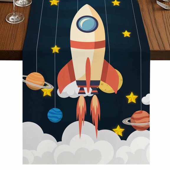Spaceship Table Runner 48 Inches Long, Cartoon Space Stars Cute Rocket Pattern Cotton Linen Dining Table Runner Dresser Scarves for Home Kitchen Party Decor 13"x48"