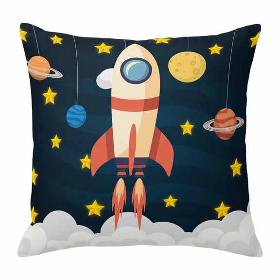 Spaceship Throw Pillow Cover Cartoon Space Stars Cute Rocket Pattern Cotton Linen Cushion Cover Throw Pillow Case with Invisible Zipper for Couch Sofa Bed Chair Car 18x18 Inch