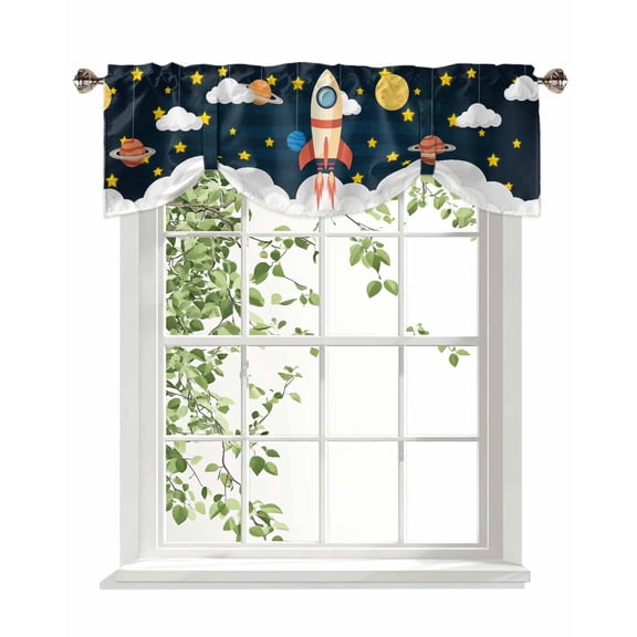 Spaceship Tie Up Valances Curtain, Adjustable Kitchen Cartoon Space Stars Cute Rocket Pattern Valances for Windows Decor, Rod Pocket Short Curtains Set for Bedroom/Bathroom, 42"x12"