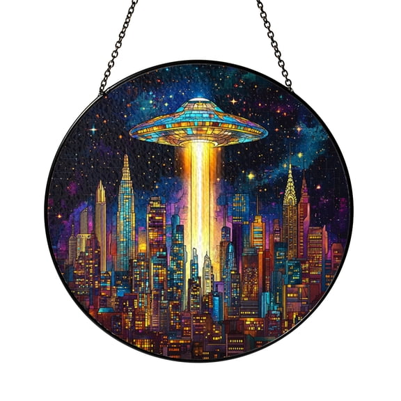 Spaceship UFO Window Suncatcher, Stained Glass Style Cosmic Panel, Unique Home Decor Gift