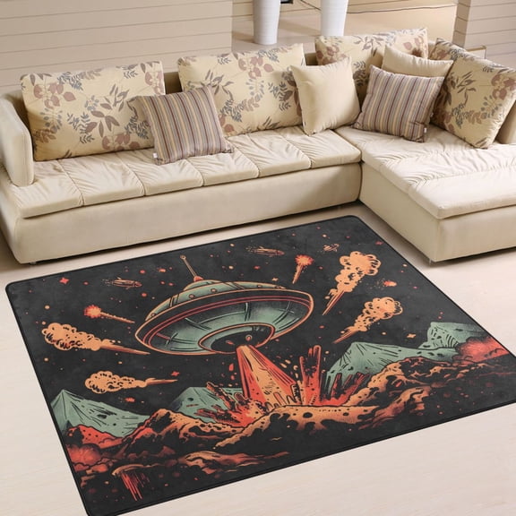 Spaceship Volcanos Area Rug Washable 80 x 58 Floor Carpet Mat Non Slip for Bedroom Living Room Home Decor