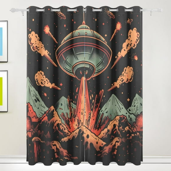 Spaceship Volcanos Black Out Curtains 84 Inch Length Curtains for Sliding Glass Doors Bedroom Living Room 2 Pack