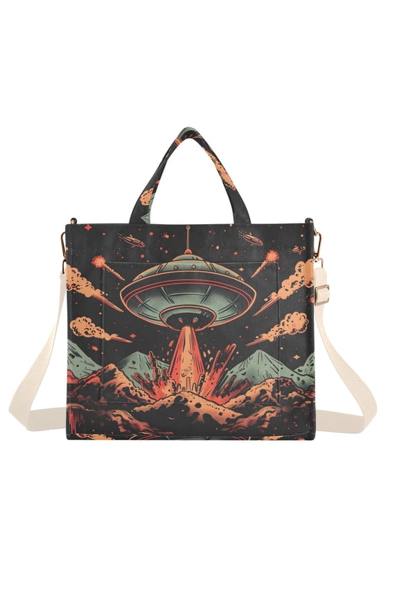 Spaceship Volcanos Corduroy Tote Bag Handbag Large Messenger Bag Shoulder Crossbody Zipper Bag Purse