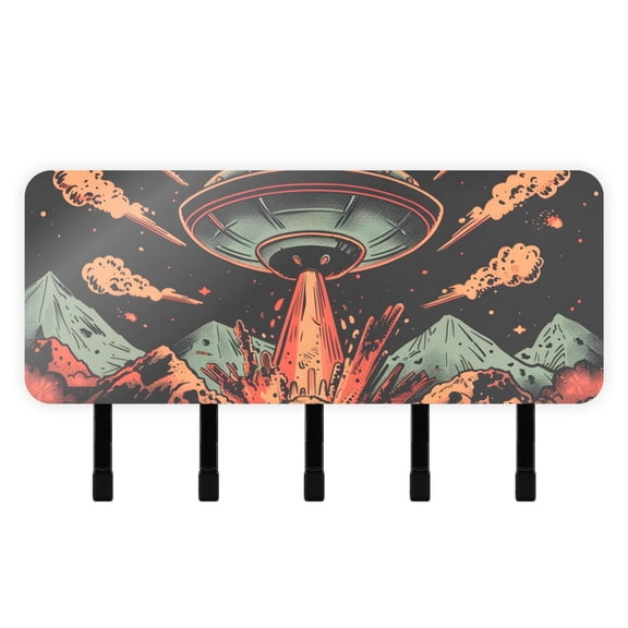 Spaceship Volcanos Mail Holder Organizer Wall Mount with Shelf Key Holder Key Rack with 5 Key Hooks for Wall Decorative