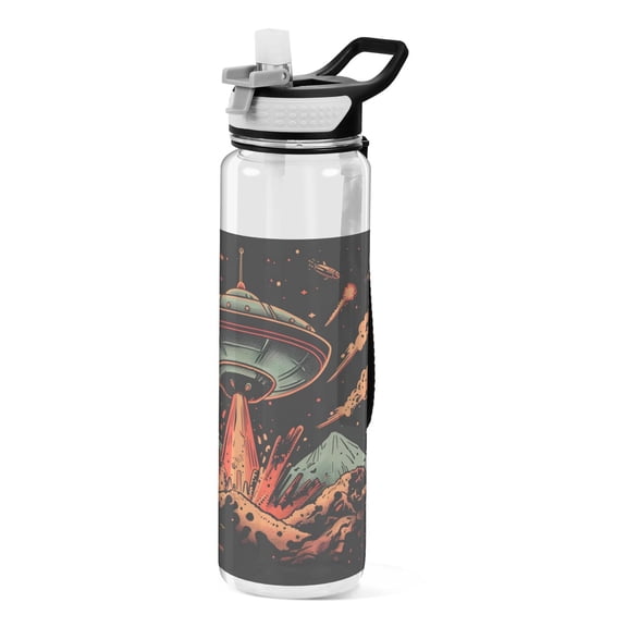 Spaceship Volcanos Sports Water Bottle Portable Travel Mug 32oz BPA Free Leak Proof Straw Transparent Tritan for Gym Yoga Cycling Camping