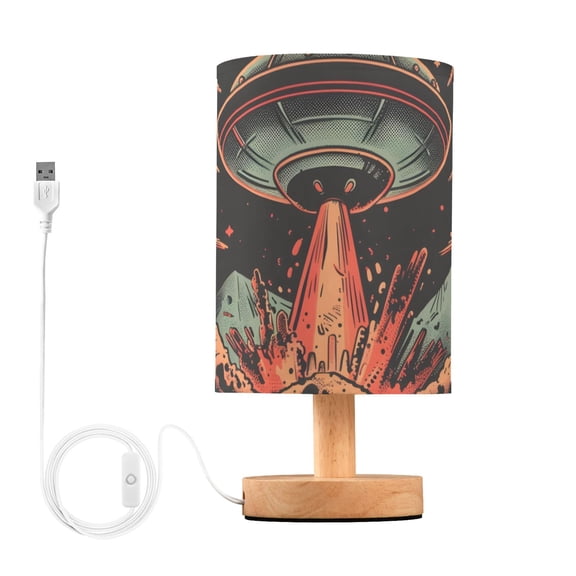 Spaceship Volcanos Table Lamp USB Bedside Desk Nightstand Lamp Printed Gifts Small Lamp Wood Base for Bedroom Living Room Kids Room College Dorm