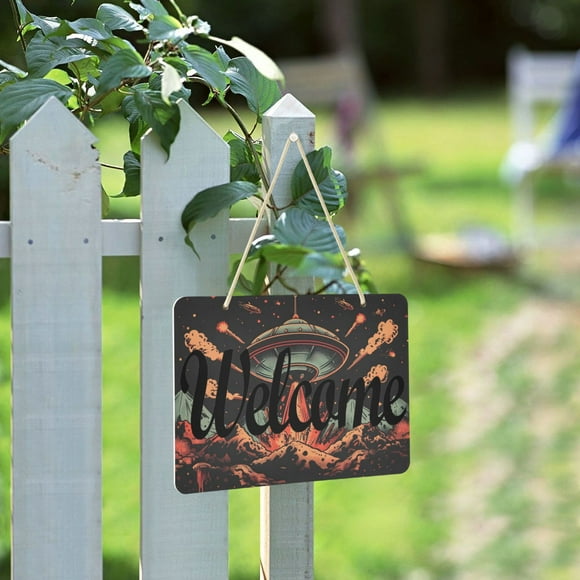 Spaceship Volcanos Welcome Sign for Front Door Porch Wreath Door Sign Home Decoration Rustic Farmhouse Style