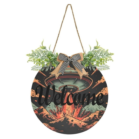 Spaceship Volcanos Welcome Sign for Front Door Wreath Door Sign for Farmhouse Porch Decoration Indoor Outdoor
