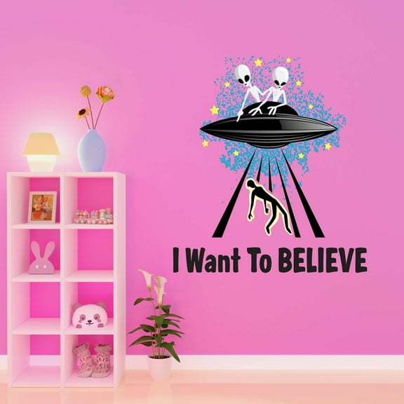 Spaceship Wall Decal I Want To Believe Funny Alien Space Quote Vinyl Wall Decal Futuristic Space Bedroom Decoration - Size: 9 In X 10 In