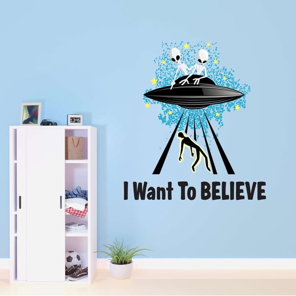 Spaceship Wall Decal I want to believe Funny Alien Space Quote Vinyl Wall Decal Futuristic Space Bedroom Decoration - Size: 27 In X 30 In