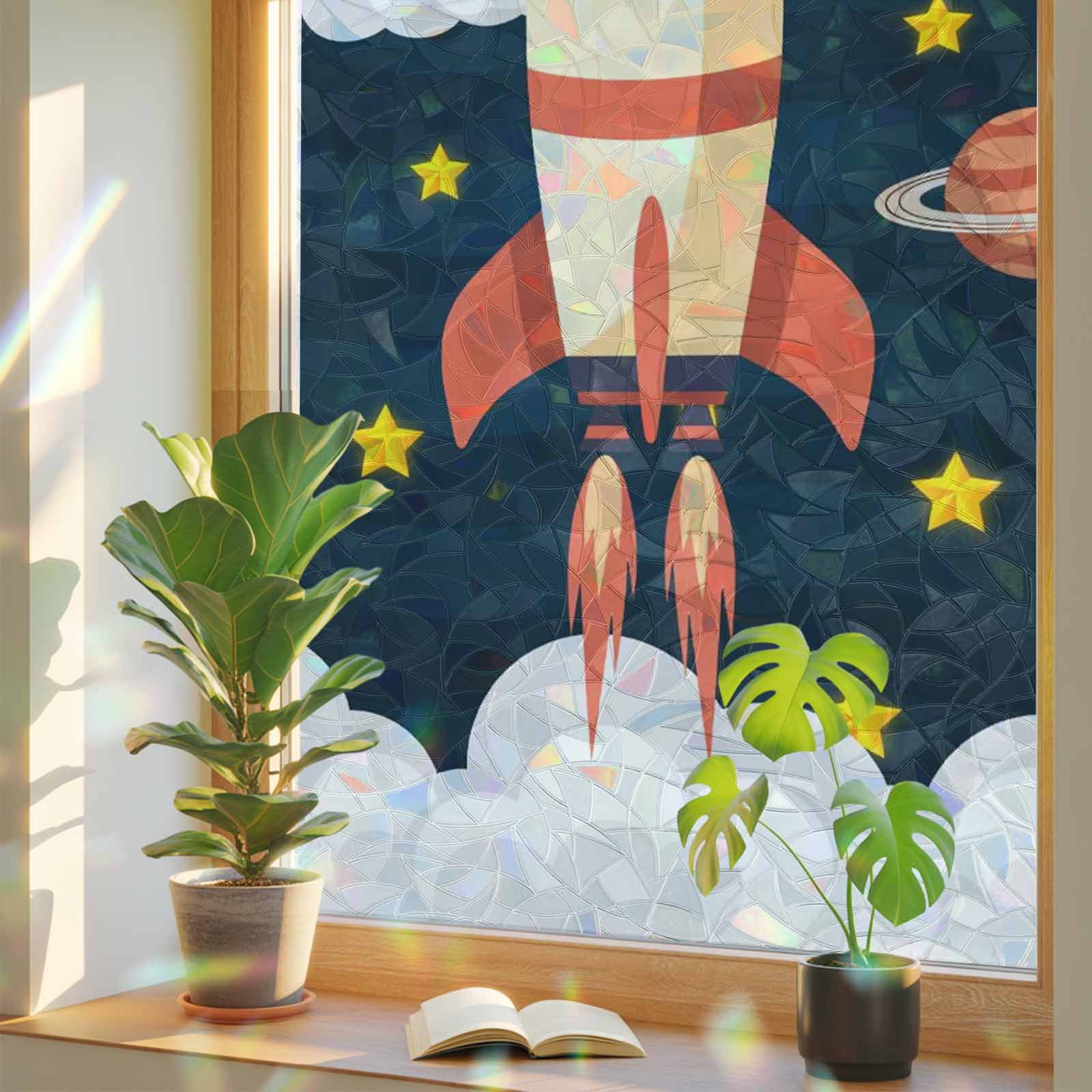 Rocket Patterns Spaceship Window Privacy Film, Cartoon Space Stars Cute Rocket Pattern ...