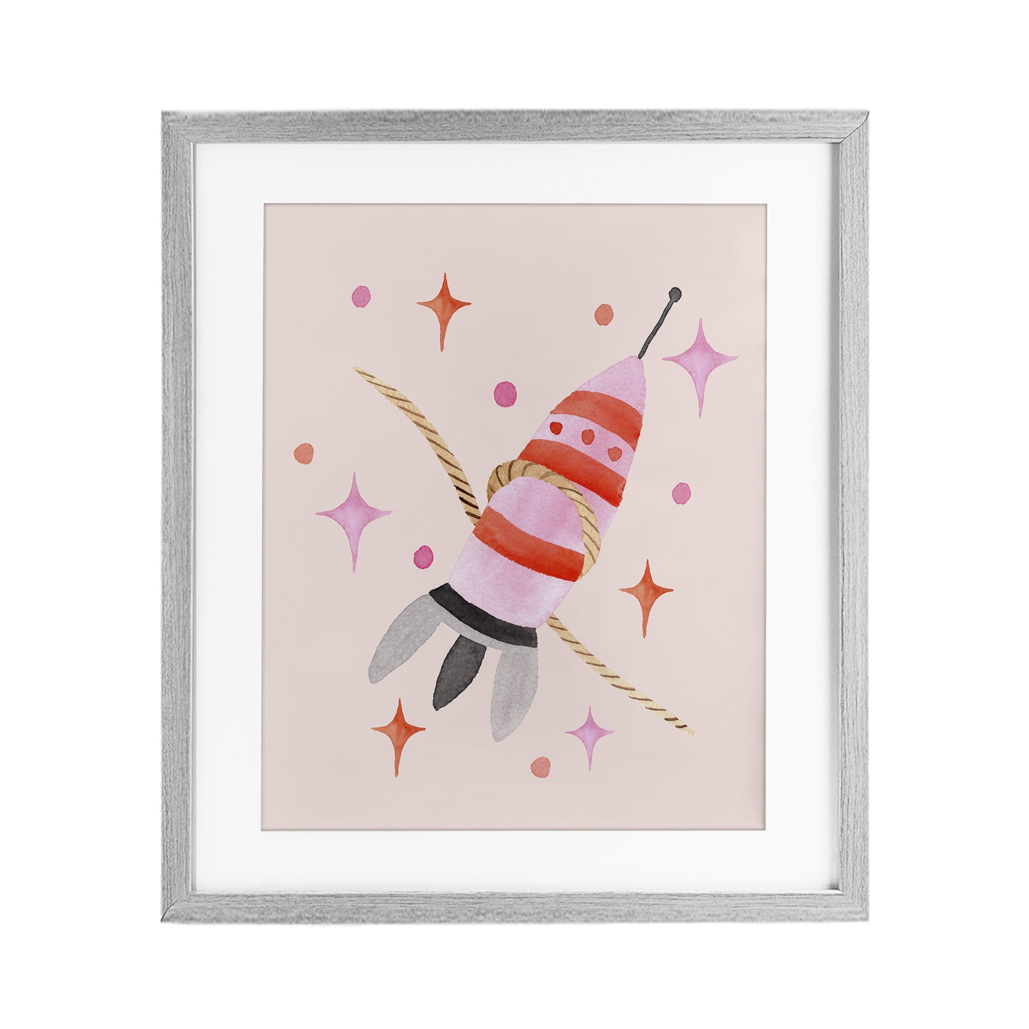 Spaceship with Lasso Gray Framed Print Under Glass, design by Nina Jacobs