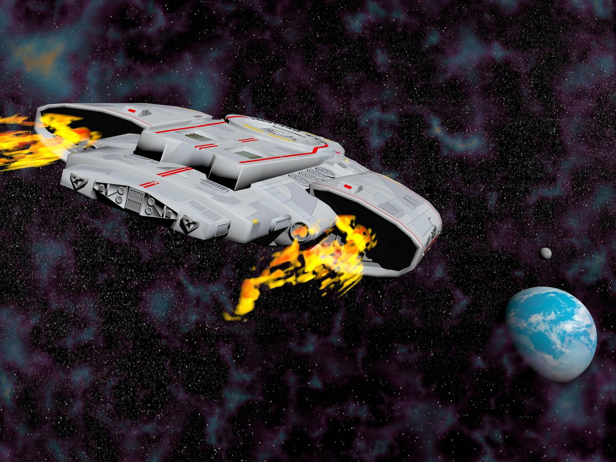 Spaceship with afterburners engaged as it approaches planet Earth Canvas Art - Elena DuvernayStocktrek Images (17 x 13)