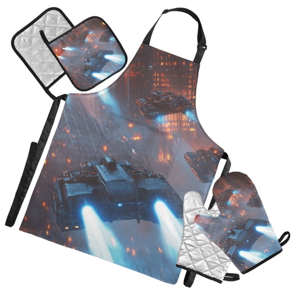 Spaceships Flying over City 5 Pcs Kitchen Set Heat Resistant Oven Mitts and Non-Slip Pot Holders with Adjustable Cooking Apron