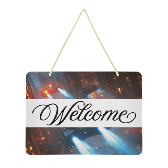 Spaceships Flying over City Welcome Sign Front Door PVC 14x10 inch Hanger Hello Sign Farmhouse Wall Porch Home Outside Decor