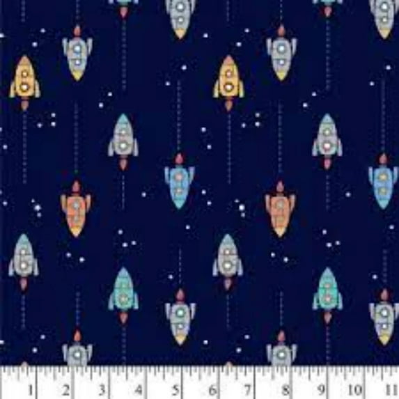 Spaceships Navy Flannel Fabric