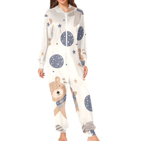 Spaceships Planets Bears Adult's Hoodie Onesie Jumpsuit One-Piece Pajamas with Zipper Unisex for Holiday M