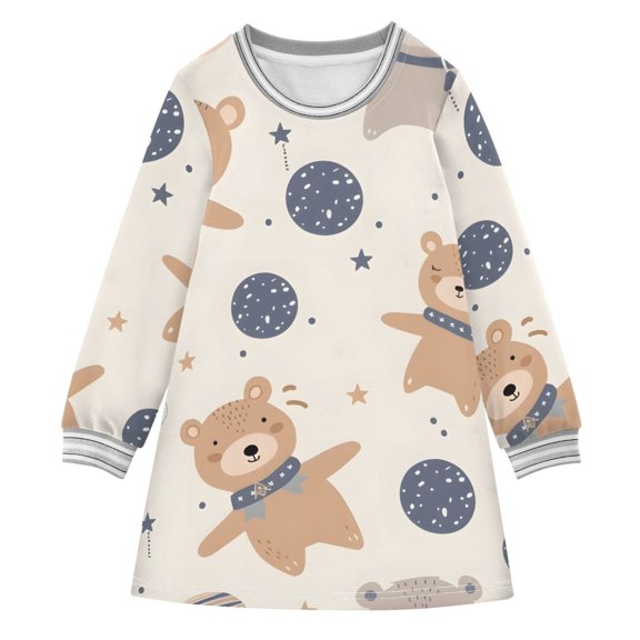Spaceships Planets Bears Long-sleeved Dress A-line Dress for 2-8 Years Casual Party 4T