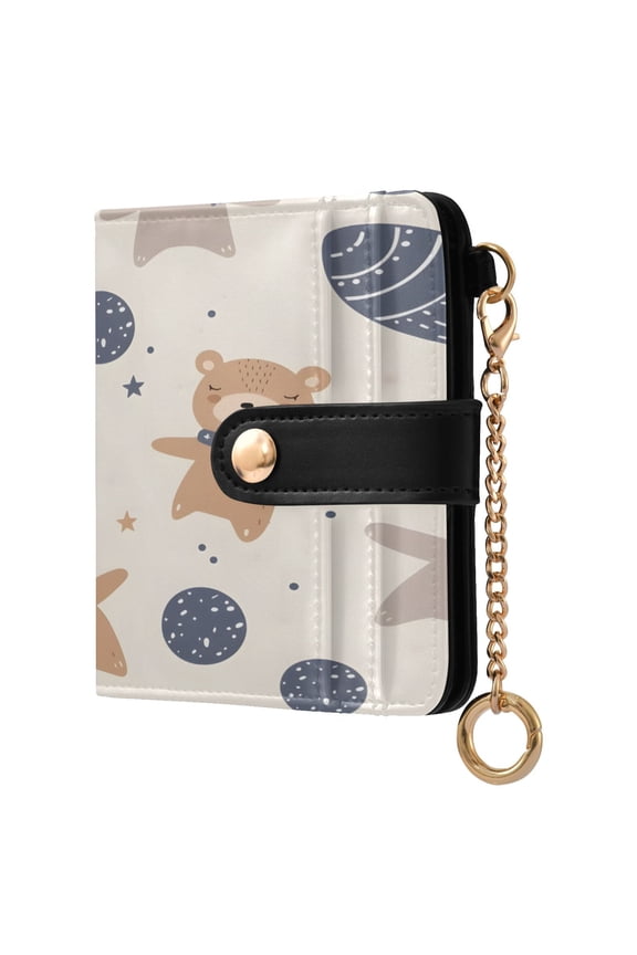 Spaceships Planets Bears Women's Wallet PU Leather Card Cases RFID Blocking Purse Billfold with Key Ring