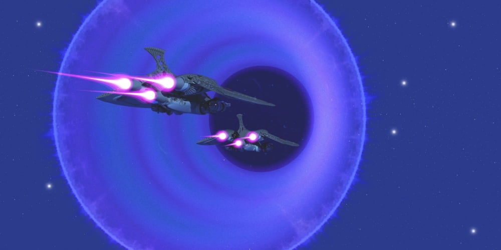 Spaceships enter a wormhole in outer space Canvas Art - Corey FordStocktrek Images (20 x 10)