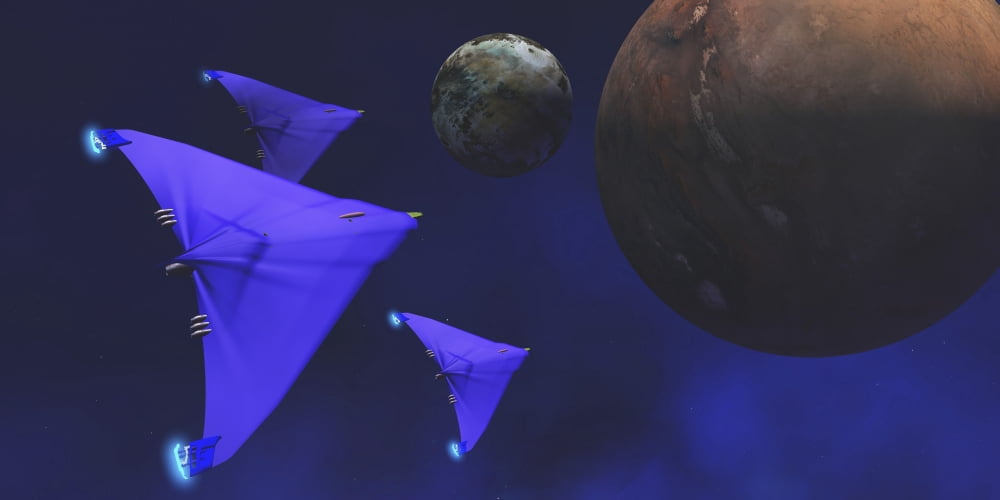 Spaceships fly through space to investigate an alien planet and its moon Canvas Art - Corey FordStocktrek Images (20 x 10)