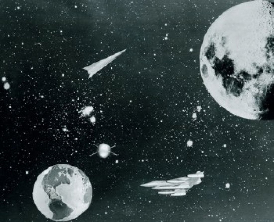 Spaceships traveling between planet Earth and moon Canvas Art - (24 x 36)