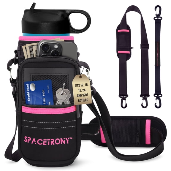 Spacetrony Neoprene Water Bottle Sleeve with Phone & Keys Pockets – Fits 12–32 oz Cylindrical Bottles – Hands-Free Crossbody & Shoulder Strap Bag – Black and Pink