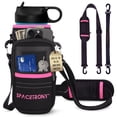 thumbnail image 1 of Spacetrony Neoprene Water Bottle Sleeve with Phone & Keys Pockets – Fits 12–32 oz Cylindrical Bottles – Hands-Free Crossbody & Shoulder Strap Bag – Black and Pink, 1 of 9