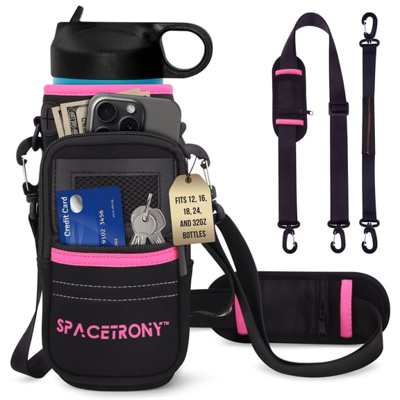 Spacetrony Neoprene Water Bottle Sleeve with Phone & Keys Pockets – Fits 12–32 oz Cylindrical Bottles – Hands-Free Crossbody & Shoulder Strap Bag – Black and Pink