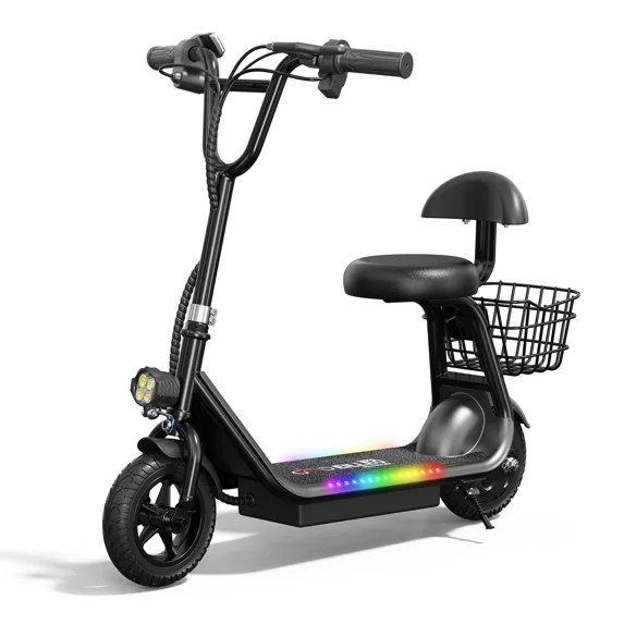 Spacewalk EB008 Electric Scooter with Seat for Teens Kids Aged 4-12, Foldable Bluetooth Music Speaker E-Scooter, 132lbs Max Load E Mopeds, Black