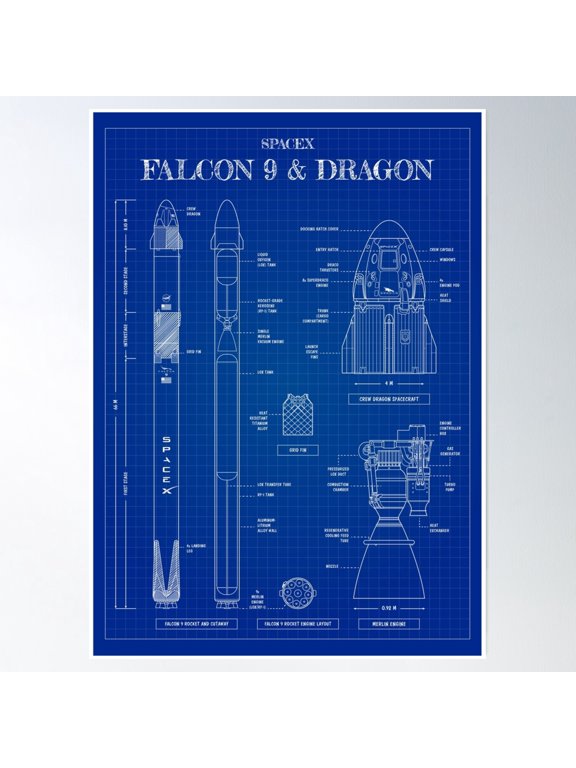 Spacex: Falcon 9 & Crew Dragon (Vertical Blueprint) Poster Wall Art Modern Wall Decor