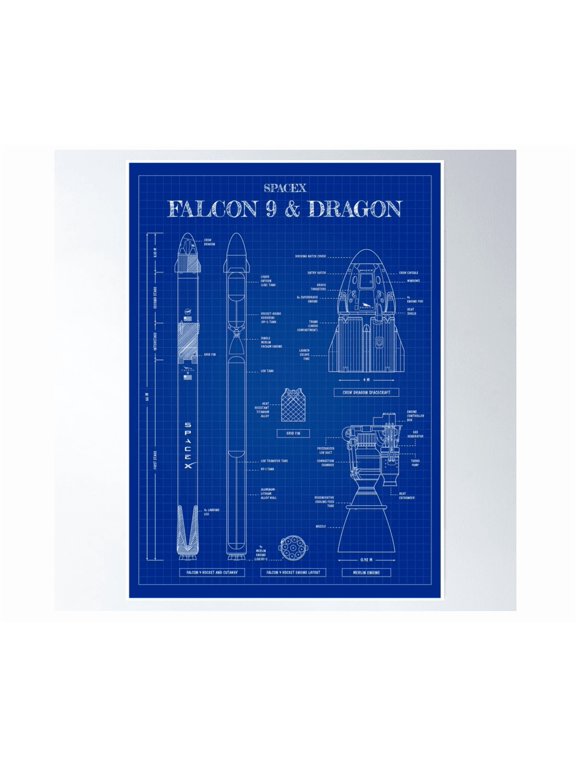 Spacex: Falcon 9 & Crew Dragon (Vertical Blueprint) Poster Wall Art Modern Wall Decor